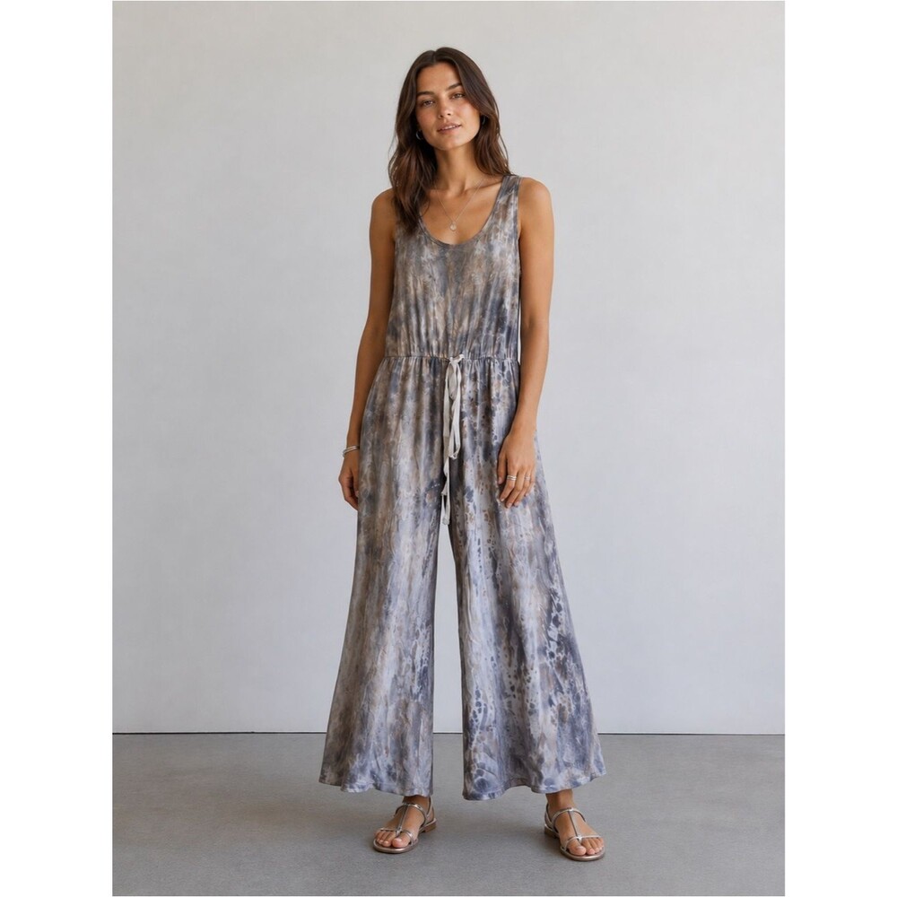 NWOT Anthropologie Casual Cotton Sleeveless Wide Leg Jumpsuit Gray Tie-Dye Beach
